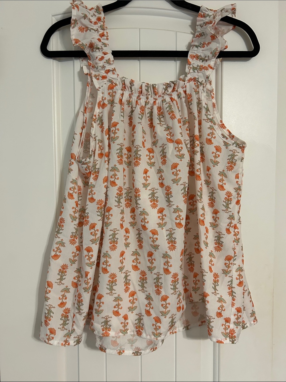 Amazon White Tank Top with Orange Floral Print and Ruffle Straps